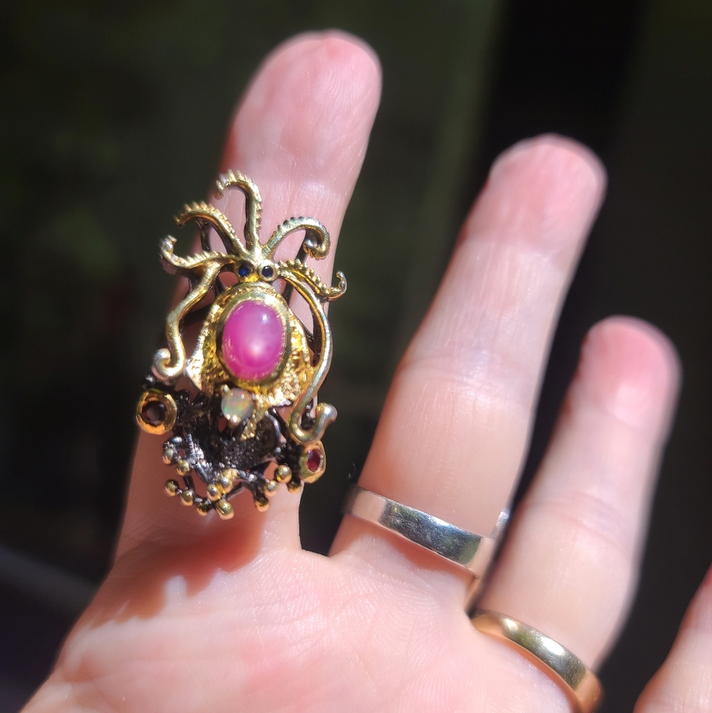 Star Ruby Opal & Garnet sterling rhodium & gold ring sz7 - Picture 7 of 8